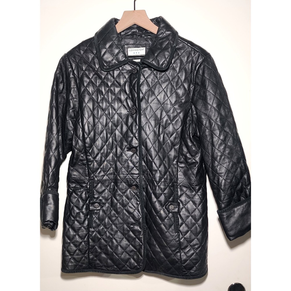 Covington Women Large Black Quilted Genuine Leather Jacket Button Front Collared
